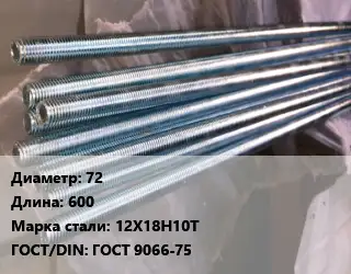 Шпилька стальная 72 L=600 Сталь: 12Х18Н10Т ГОСТ: ГОСТ 9066-75